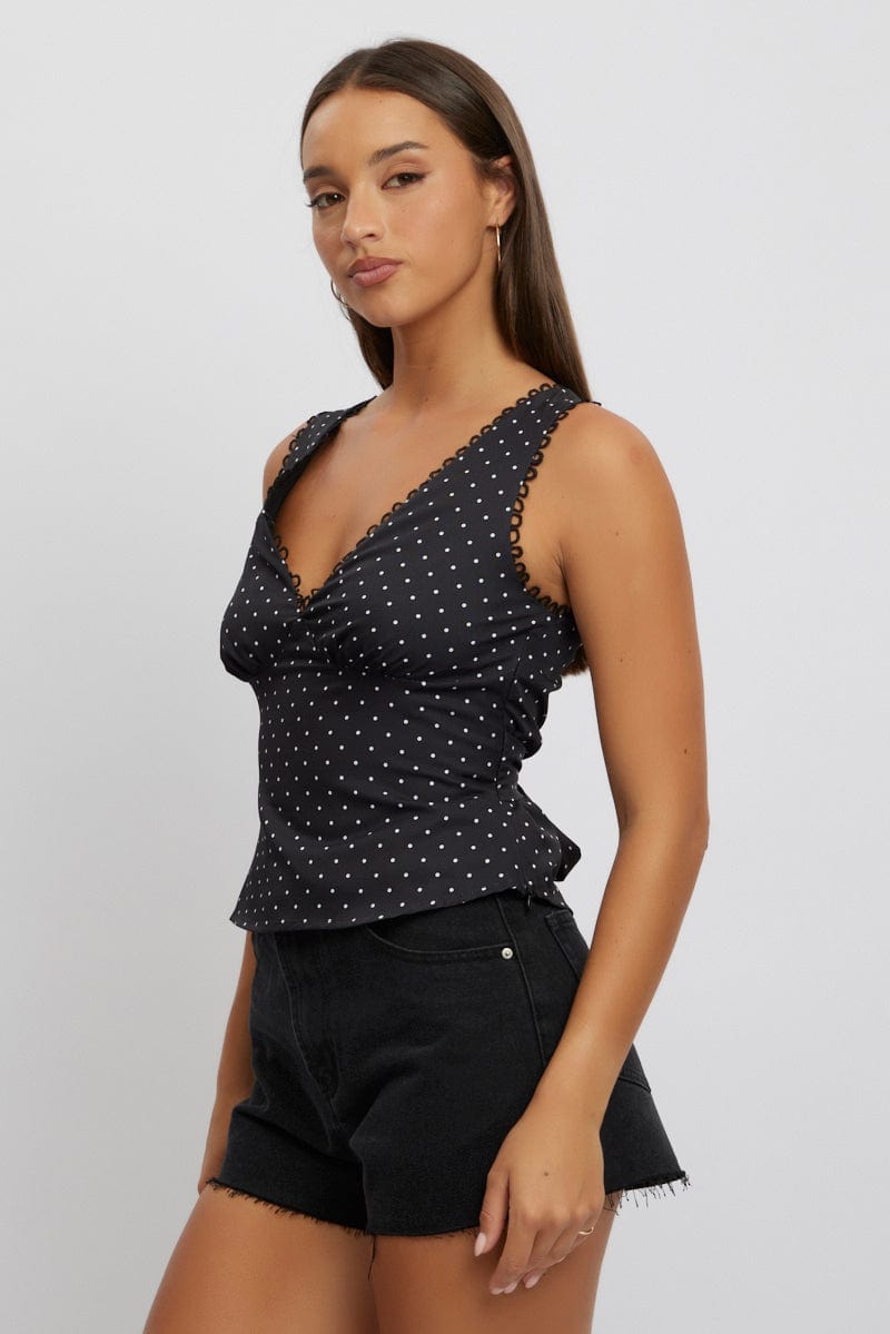 Black Polka Dot Top Sleeveless V-Neck for Ally Fashion