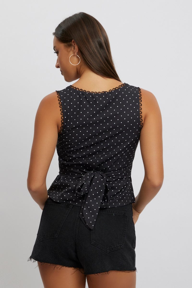 Black Polka Dot Top Sleeveless V-Neck for Ally Fashion