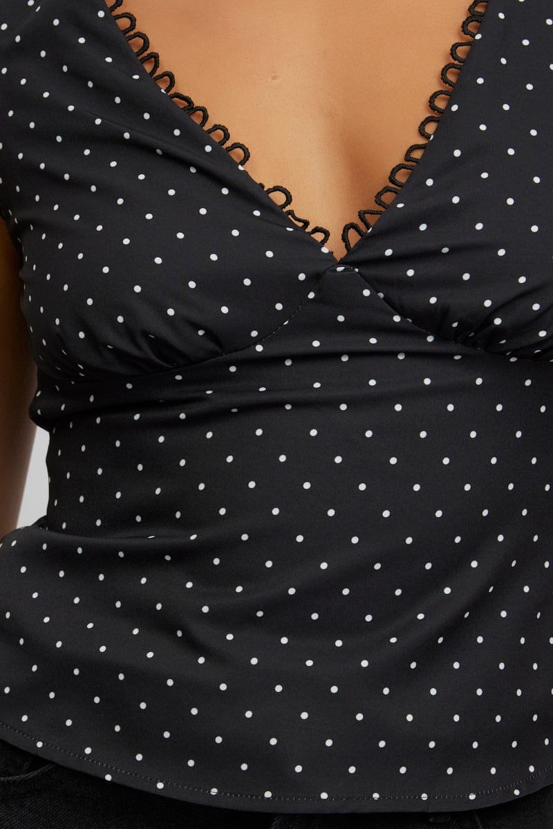 Black Polka Dot Top Sleeveless V-Neck for Ally Fashion