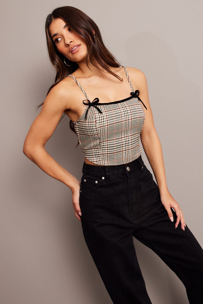 Brown Check Check Top Sleeveless for Ally Fashion