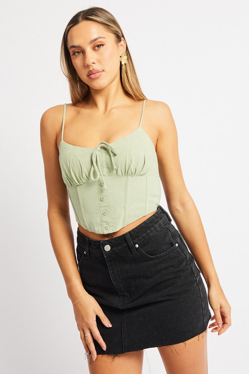 Green Cami Top Sleeveless Corset Linen Blend for Ally Fashion