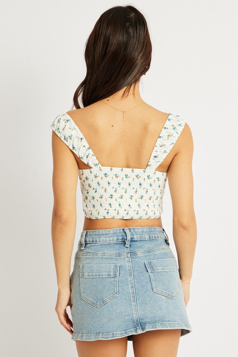 White Ditsy Crop Top Sleeveless Ribbon for Ally Fashion