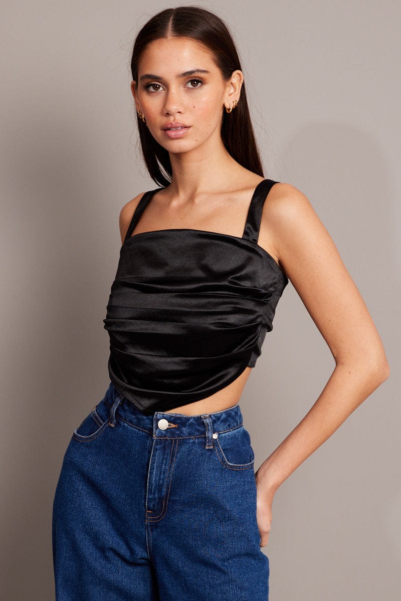 Black Satin Tie Back Top for Ally Fashion