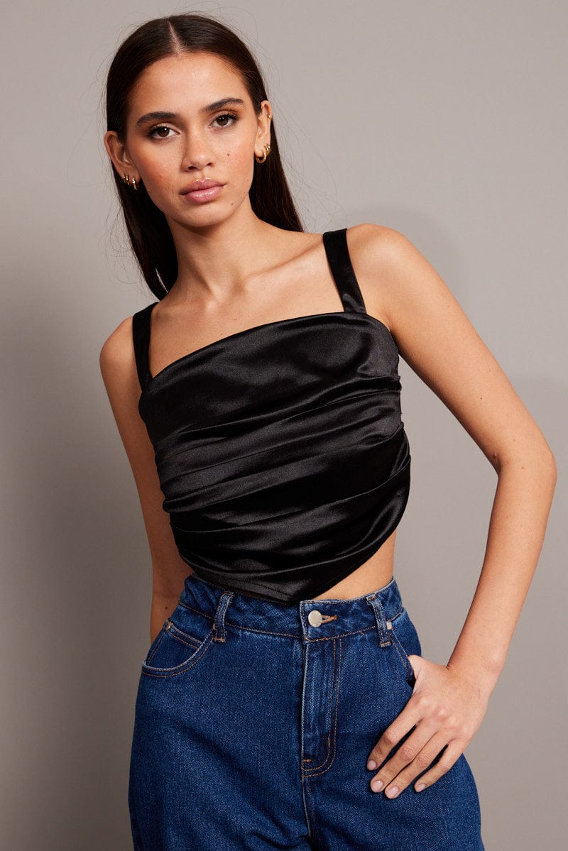 Black Satin Tie Back Top for Ally Fashion