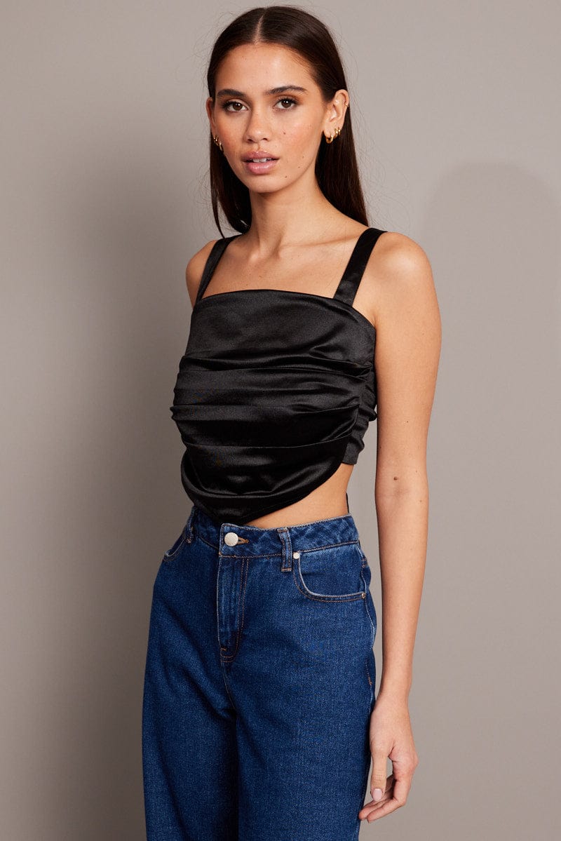 Black Satin Tie Back Top for Ally Fashion