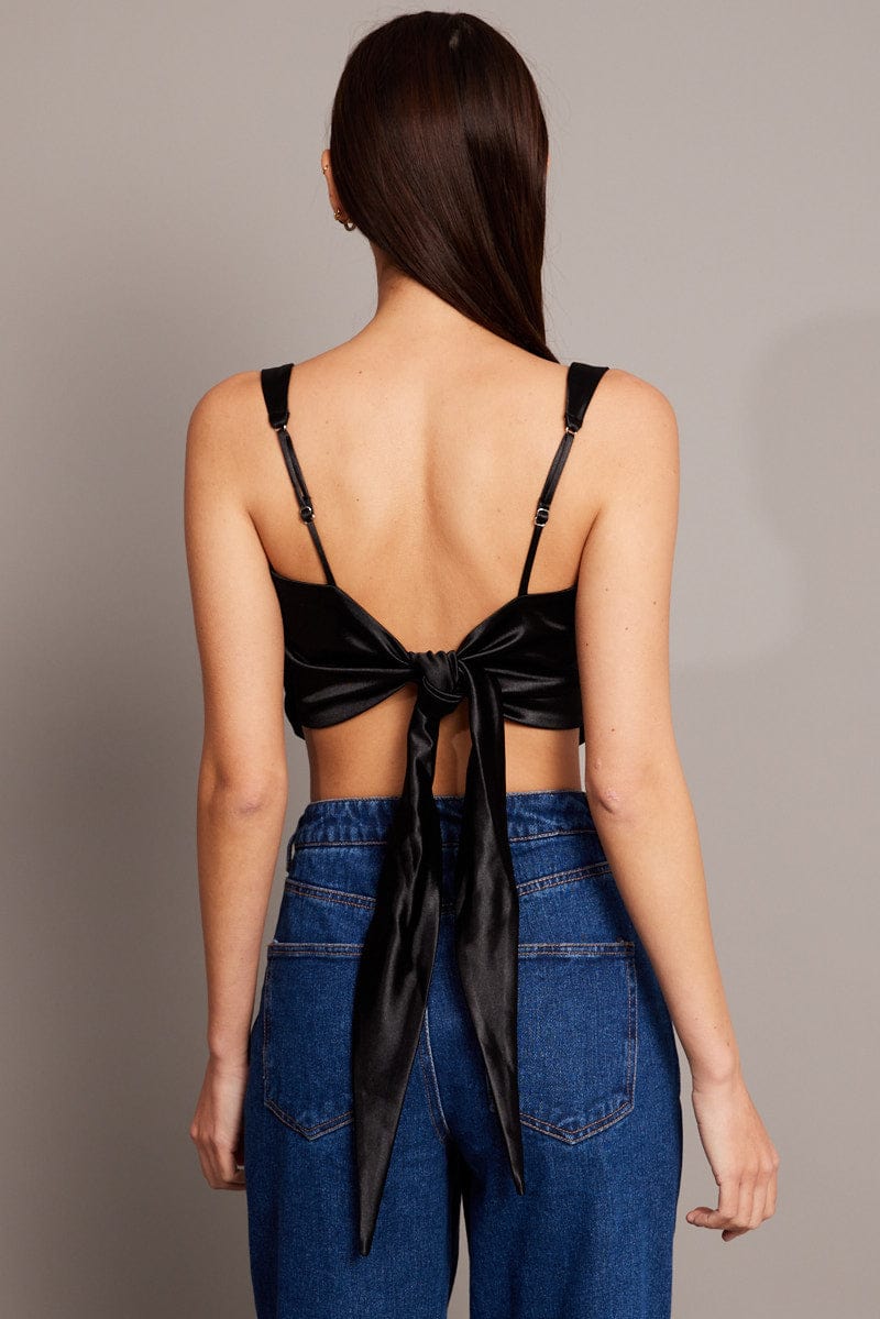 Black Satin Tie Back Top for Ally Fashion