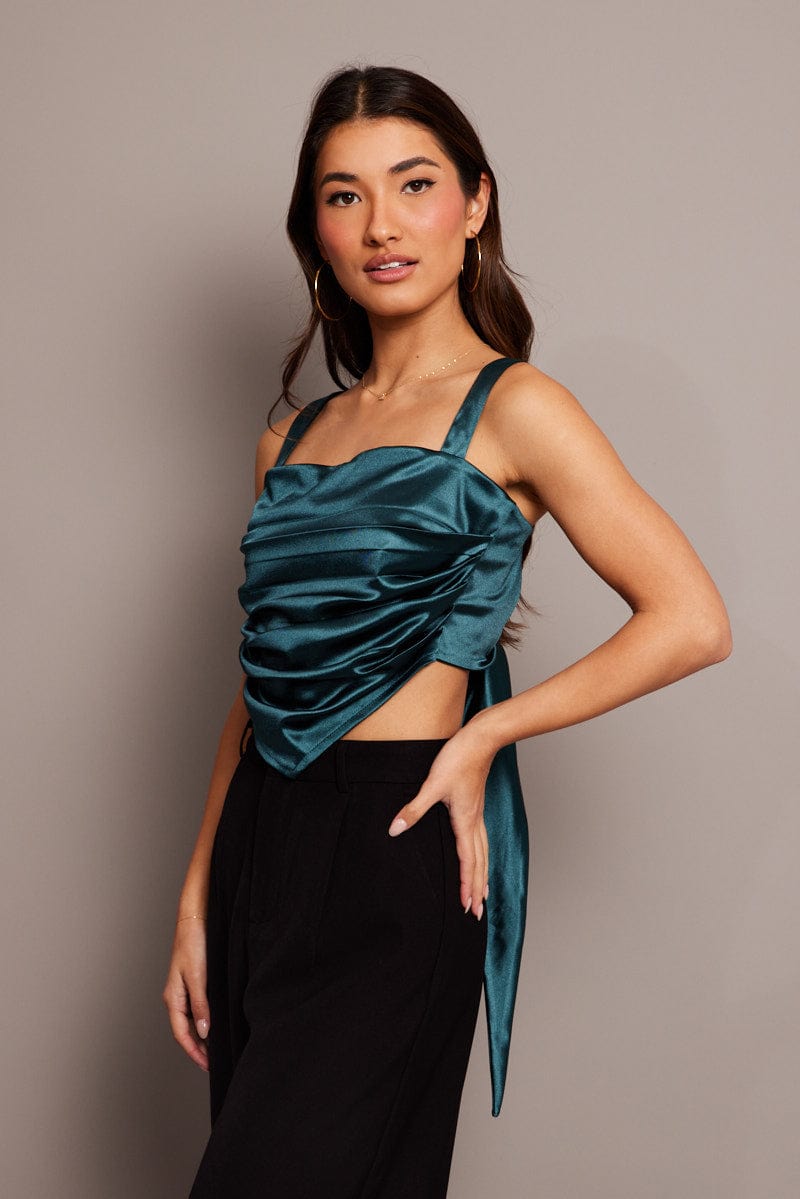 Green Satin Tie Back Top for Ally Fashion