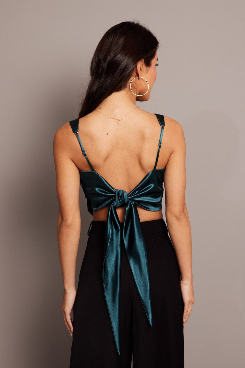 Green Satin Tie Back Top for Ally Fashion