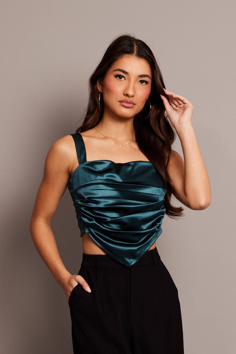 Green Satin Tie Back Top for Ally Fashion