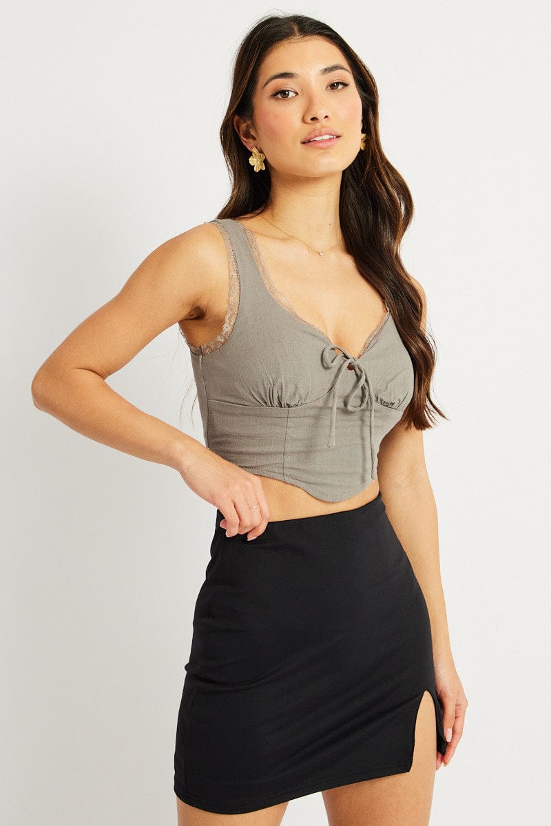 Grey Crop Top Sleeveless Corset Lace Trim for Ally Fashion