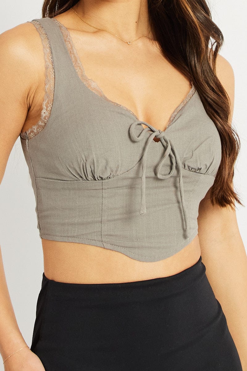 Grey Crop Top Sleeveless Corset Lace Trim for Ally Fashion