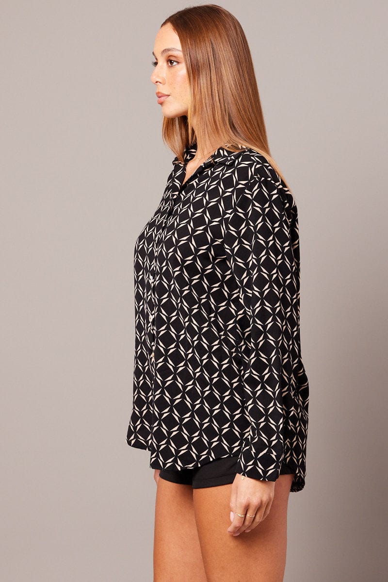 Black Geo Relaxed Shirt Long Sleeve for Ally Fashion