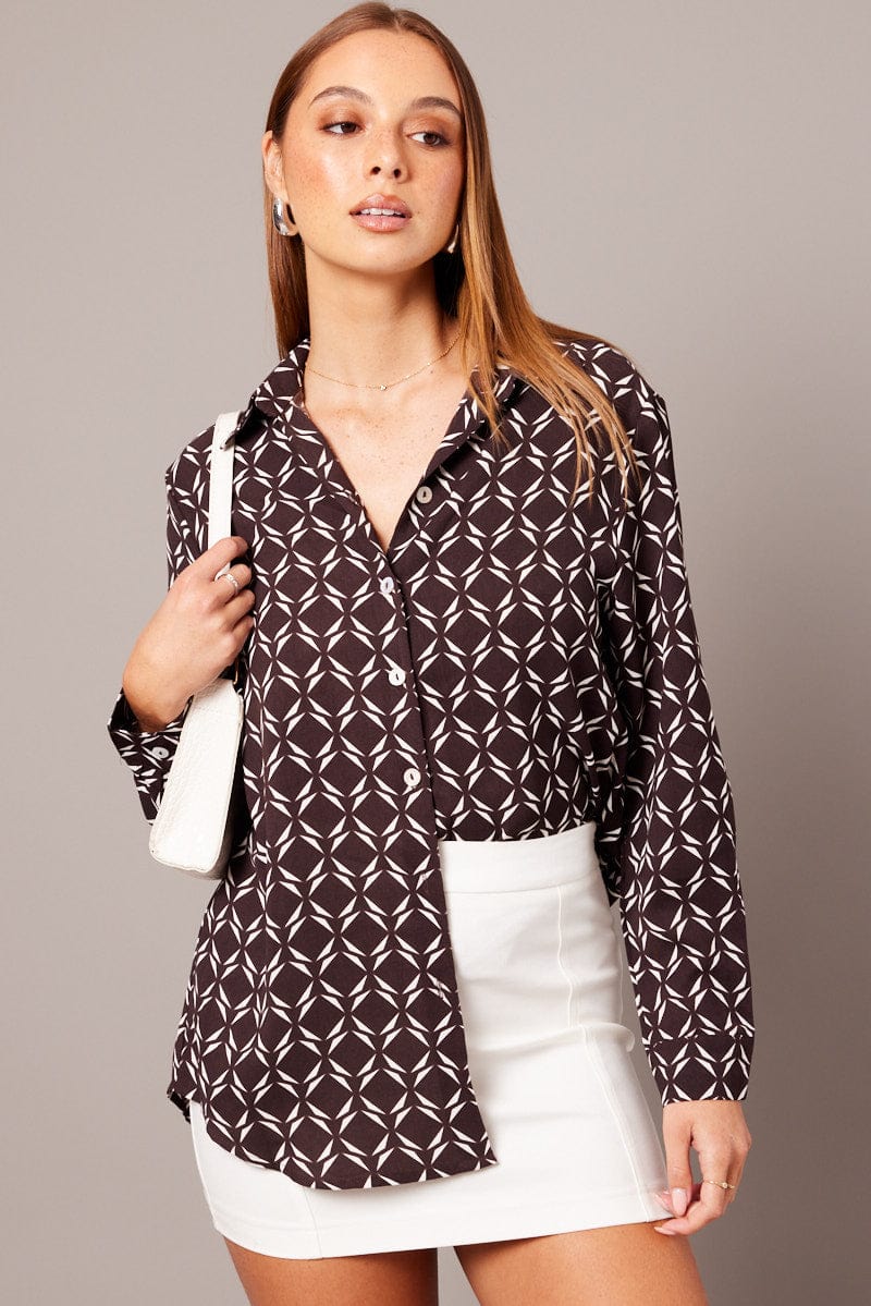 Brown Geo Relaxed Shirt Long Sleeve for Ally Fashion