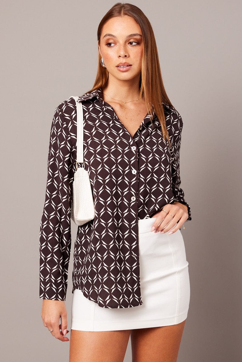 Brown Geo Relaxed Shirt Long Sleeve for Ally Fashion