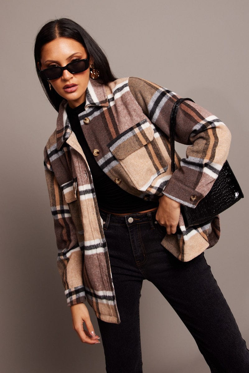 Brown Check Shacket Long Sleeve Lined for Ally Fashion