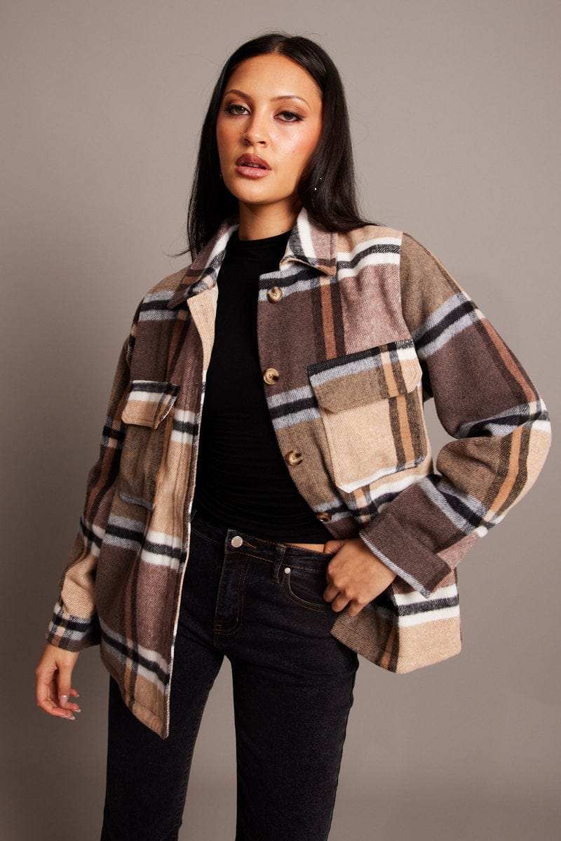 Brown Check Shacket Long Sleeve Lined for Ally Fashion