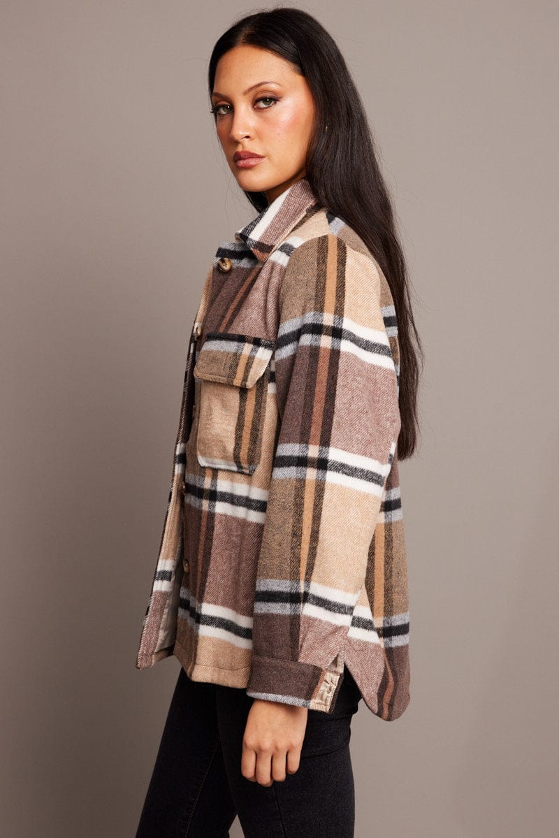 Brown Check Shacket Long Sleeve Lined for Ally Fashion