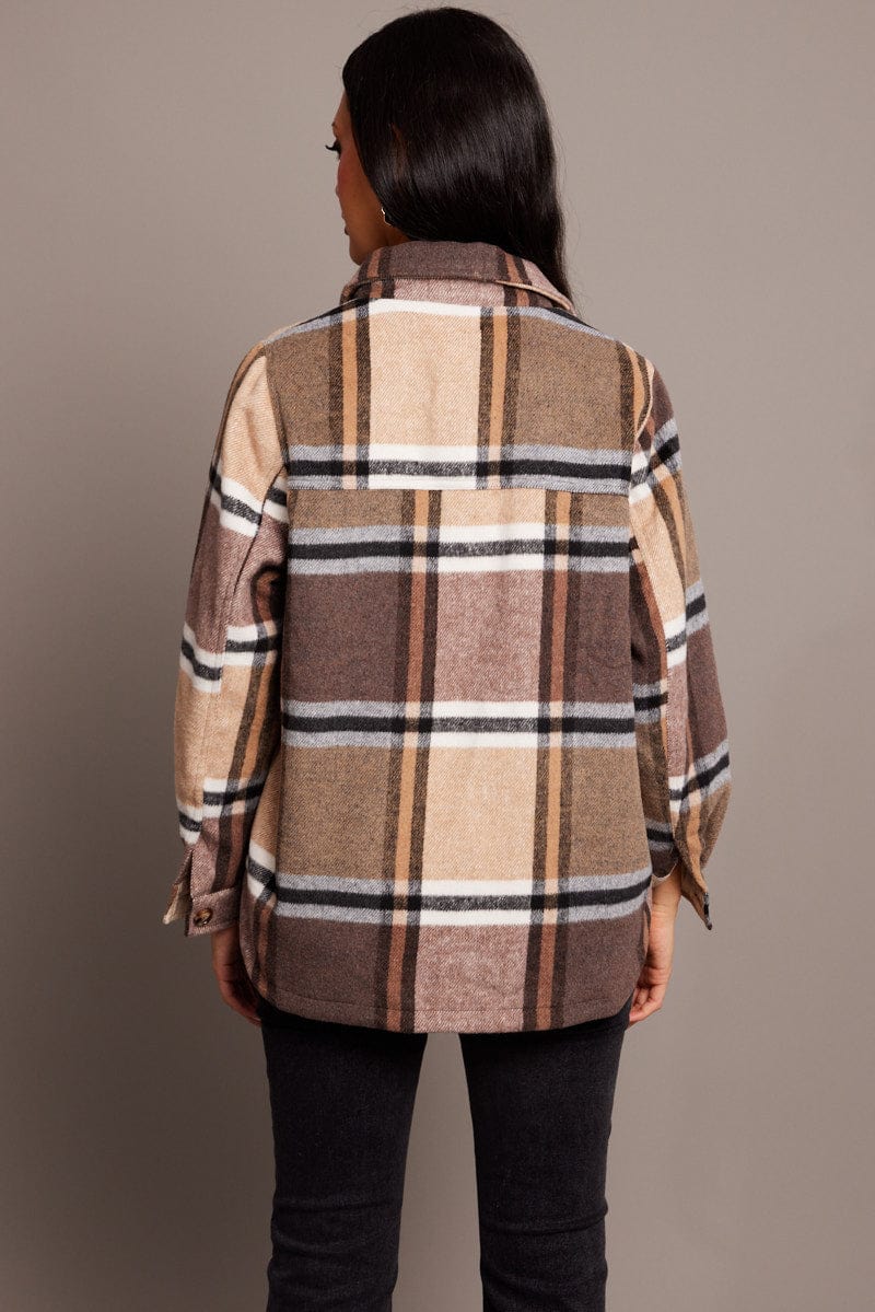 Brown Check Shacket Long Sleeve Lined for Ally Fashion