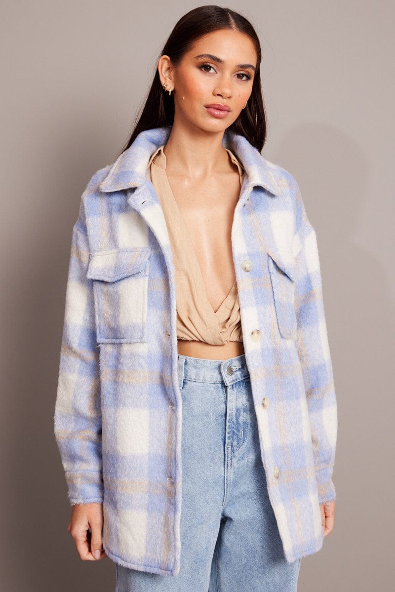Blue Check Shacket Long Sleeve | Ally Fashion