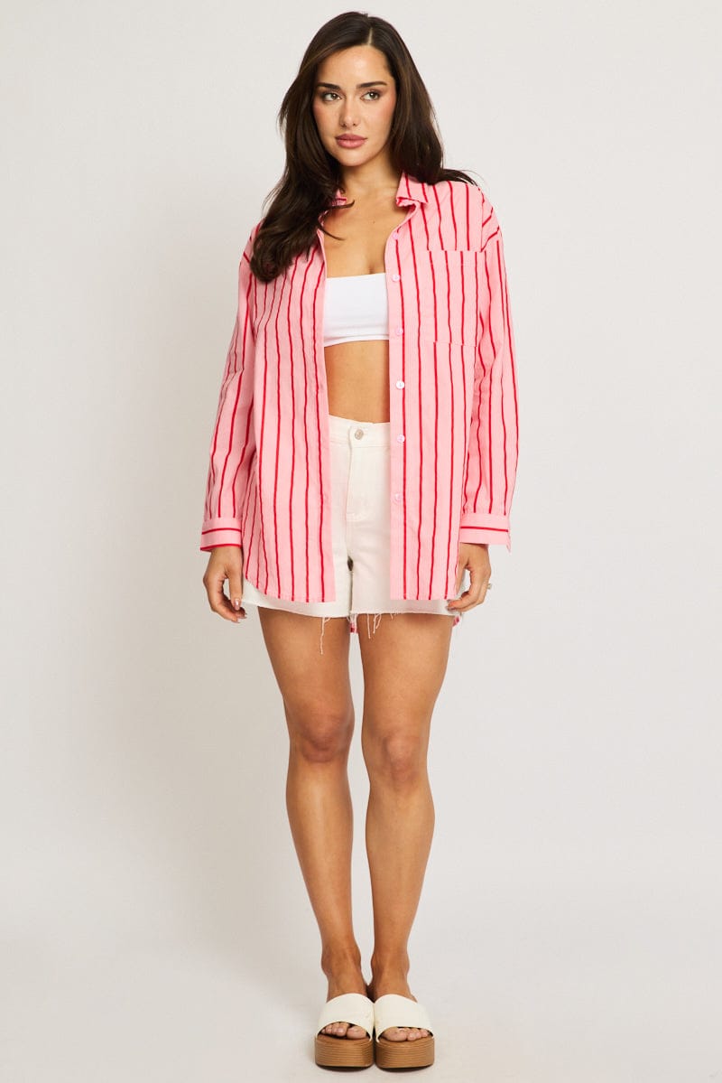 Pink Stripe Oversized Shirt Long Sleeve Collared for Ally Fashion