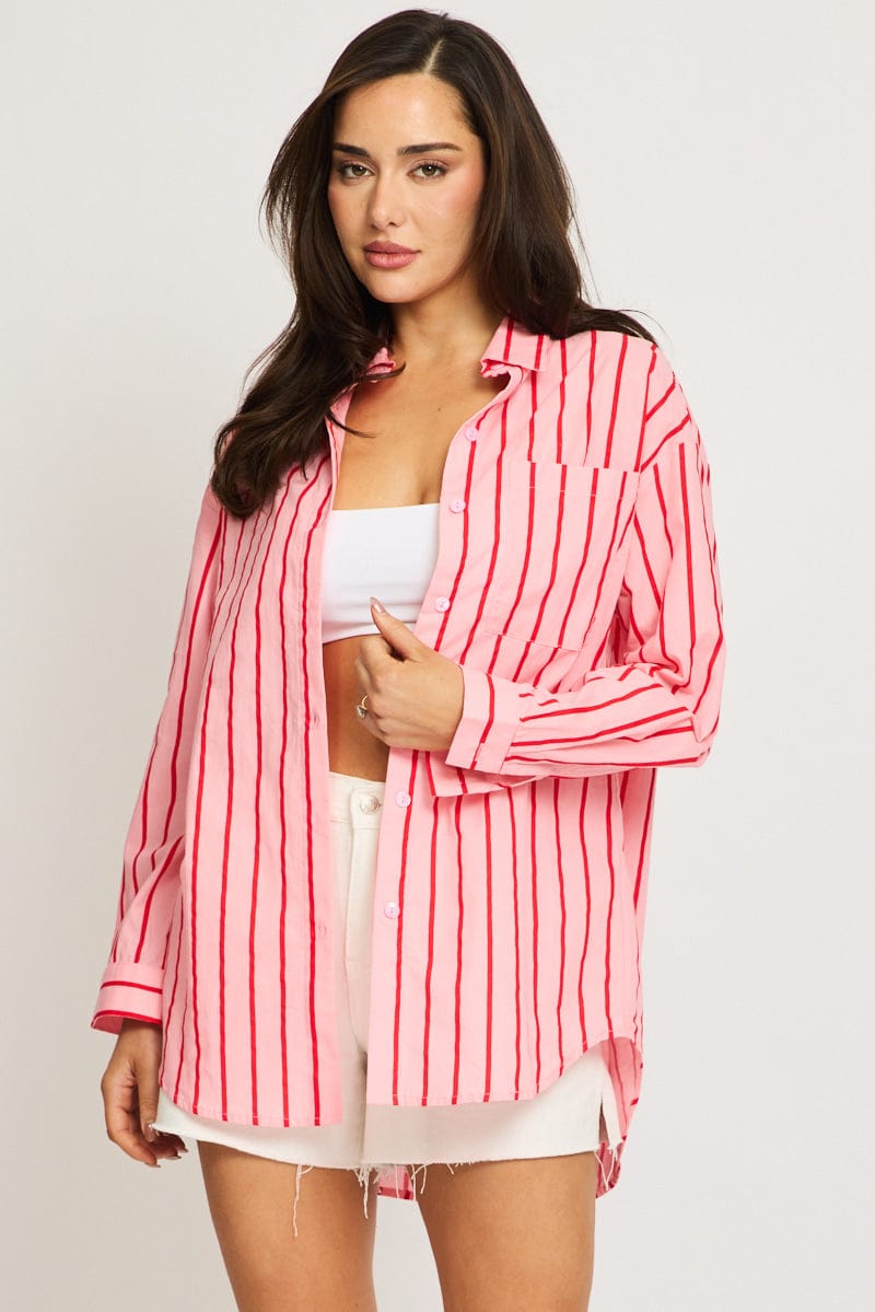 Pink Stripe Oversized Shirt Long Sleeve Collared for Ally Fashion