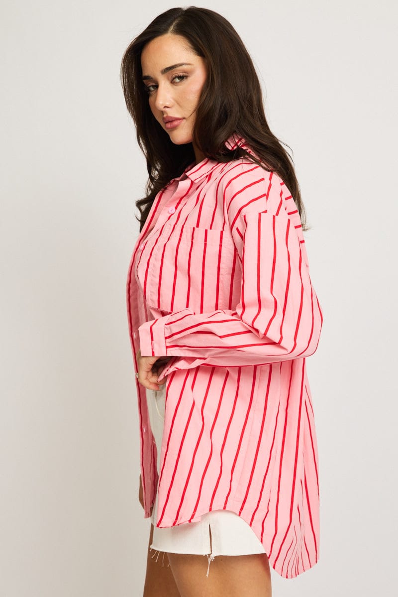 Pink Stripe Oversized Shirt Long Sleeve Collared for Ally Fashion