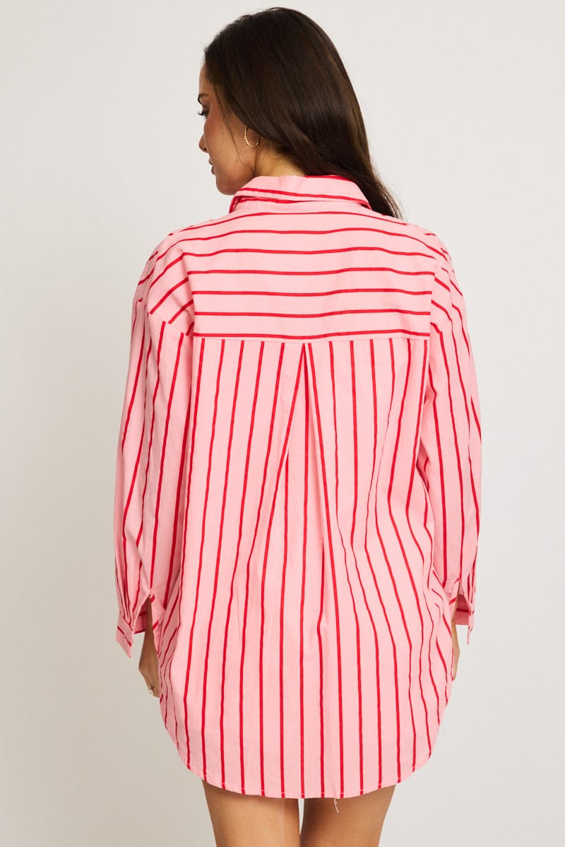 Pink Stripe Oversized Shirt Long Sleeve Collared for Ally Fashion