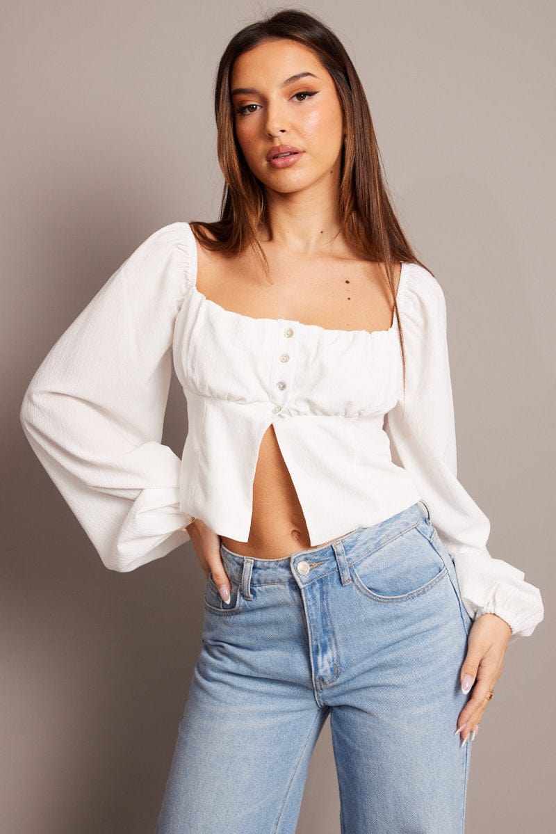 White Top Long Sleeve Square Neck Ruched Bust for Ally Fashion