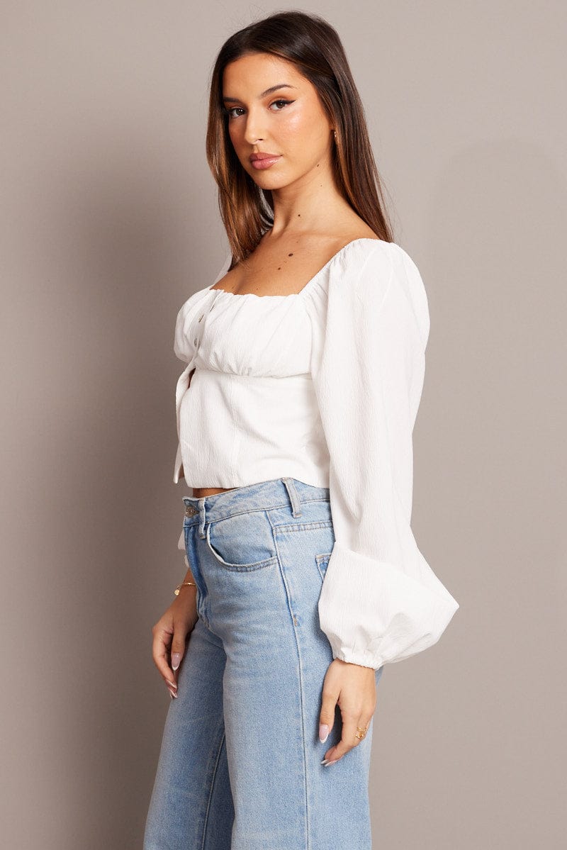 White Top Long Sleeve Square Neck Ruched Bust for Ally Fashion