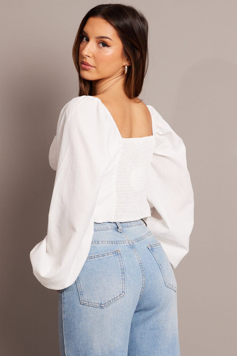 White Top Long Sleeve Square Neck Ruched Bust for Ally Fashion