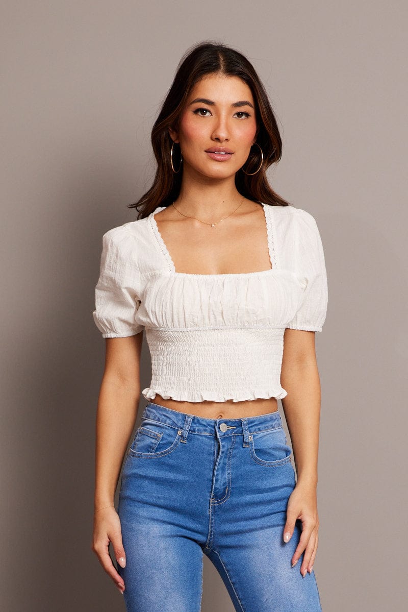 White Crop Top Short Sleeve Shirred Waist for Ally Fashion