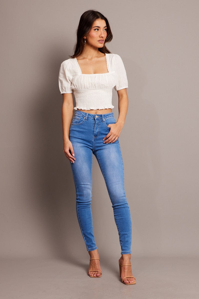 White Crop Top Short Sleeve Shirred Waist for Ally Fashion