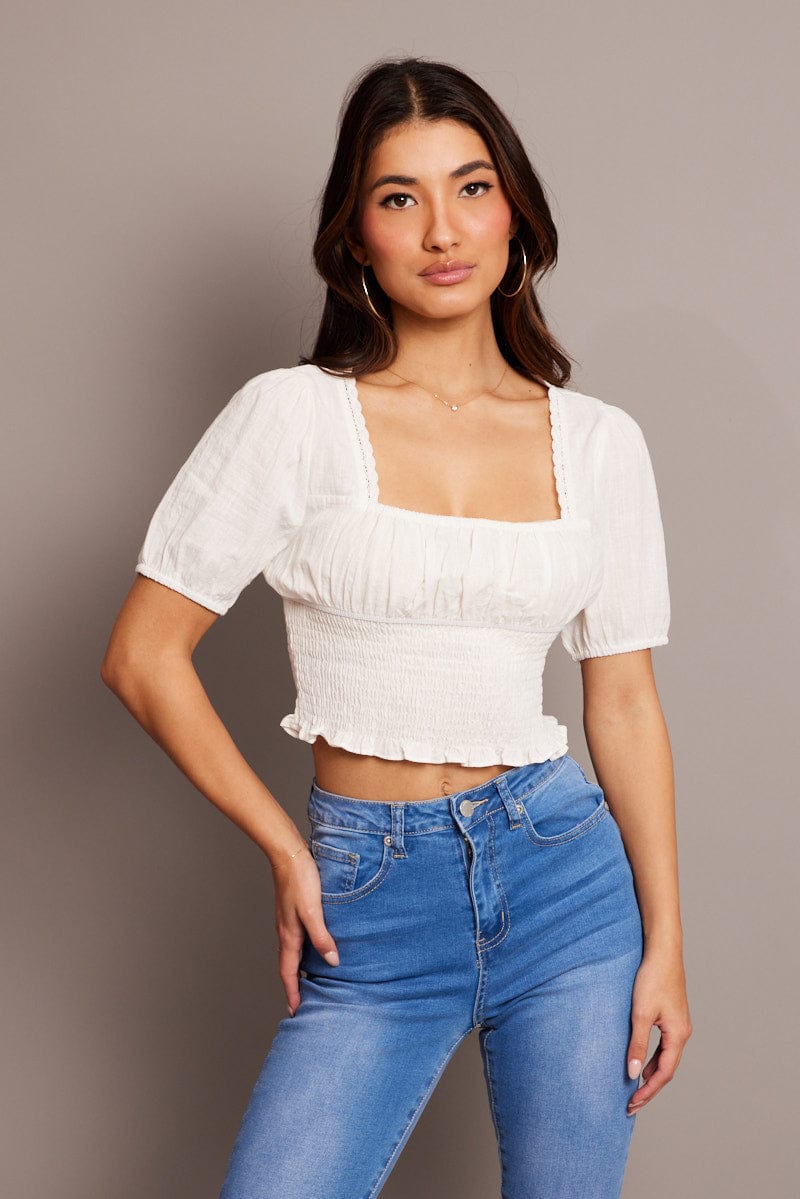 White Crop Top Short Sleeve Shirred Waist for Ally Fashion