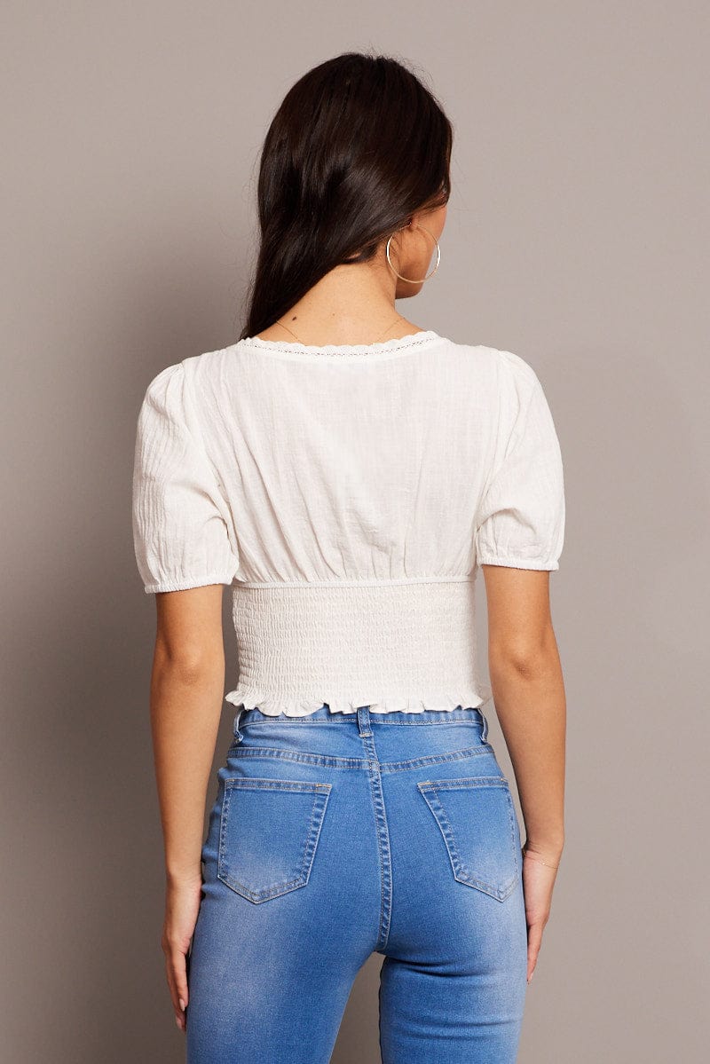 White Crop Top Short Sleeve Shirred Waist for Ally Fashion