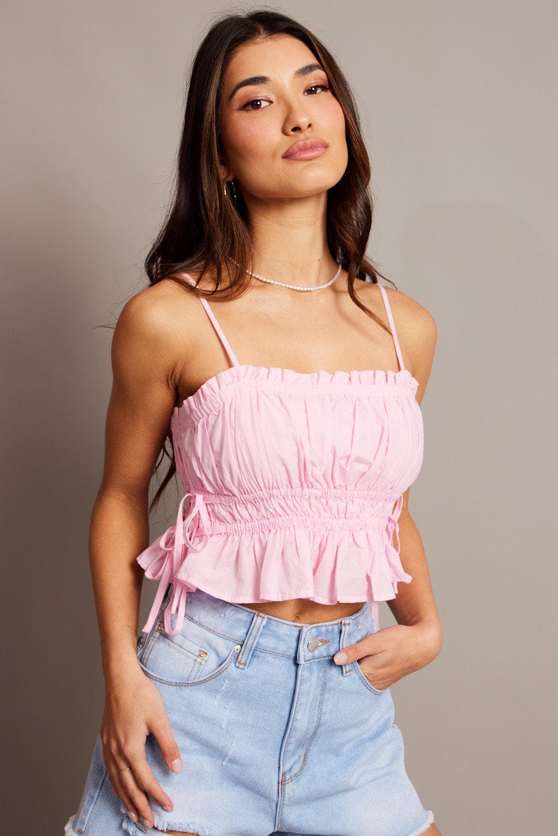 Pink Crop Top Sleeveless Ruched for Ally Fashion