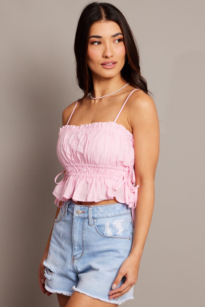 Pink Crop Top Sleeveless Ruched for Ally Fashion