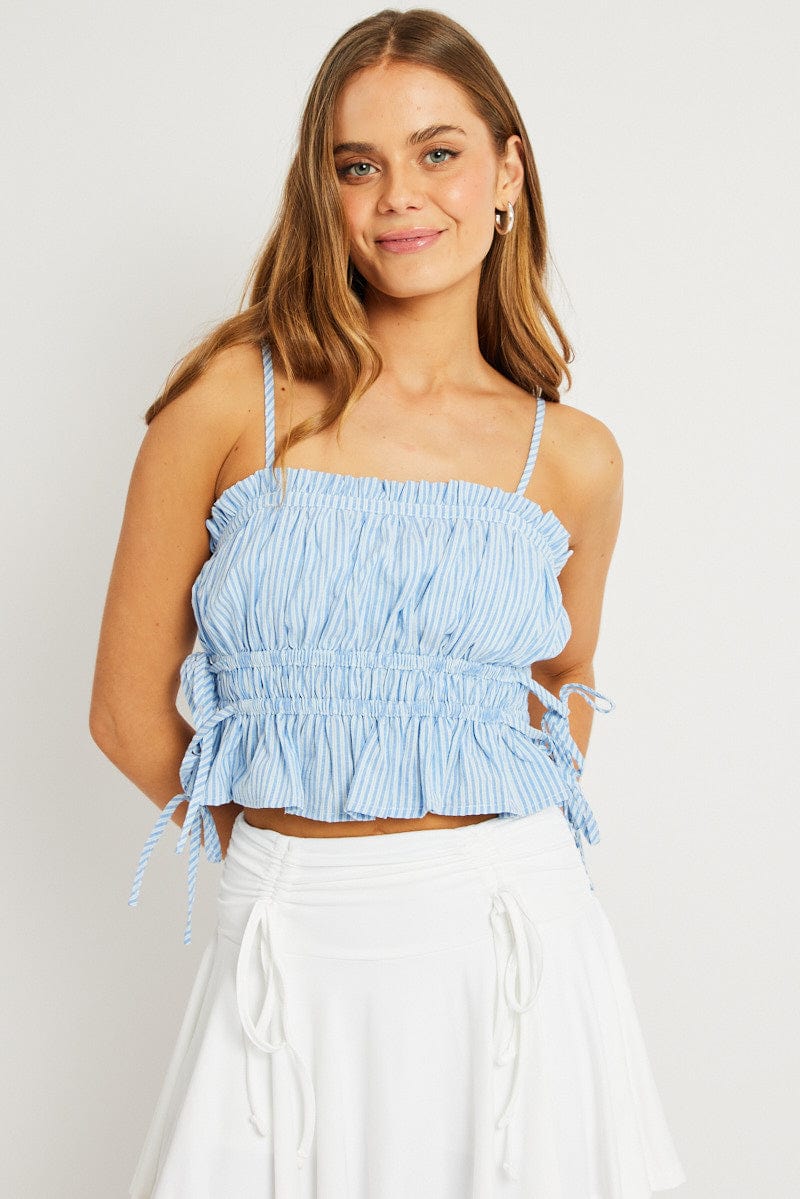 Blue Stripe Crop Top Sleeveless Ruched for Ally Fashion