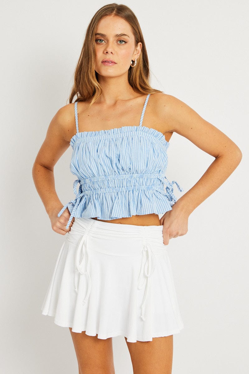 Blue Stripe Crop Top Sleeveless Ruched for Ally Fashion