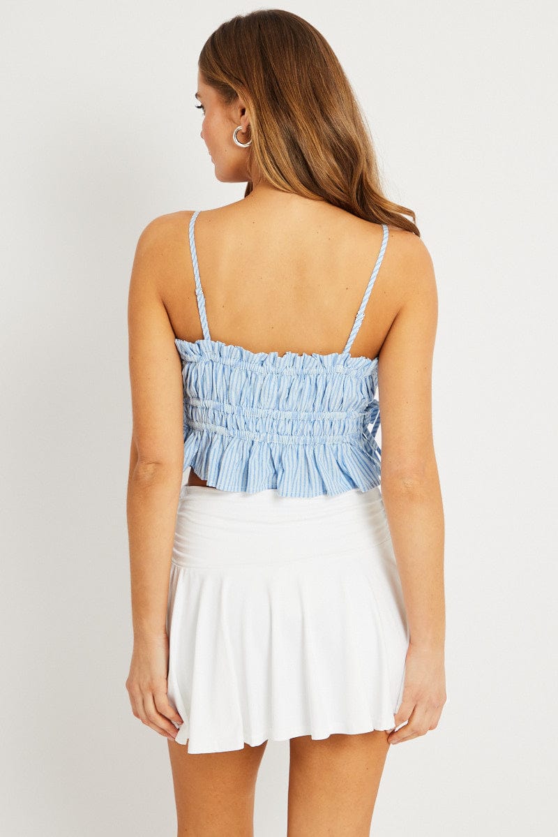 Blue Stripe Crop Top Sleeveless Ruched for Ally Fashion