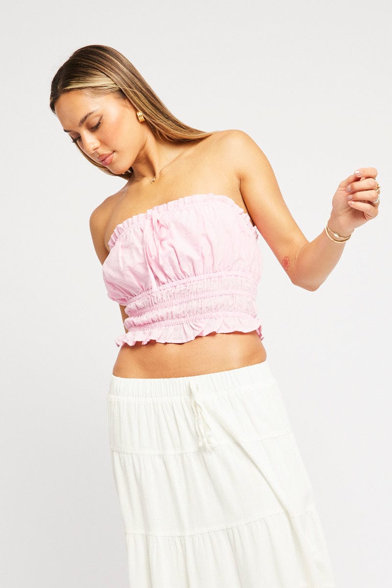 Pink Gathered Crop Top Strapless for Ally Fashion