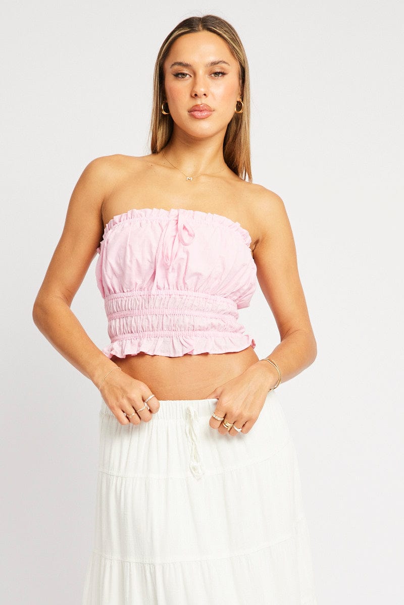 Pink Gathered Crop Top Strapless for Ally Fashion