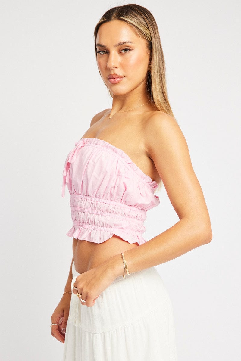 Pink Gathered Crop Top Strapless for Ally Fashion