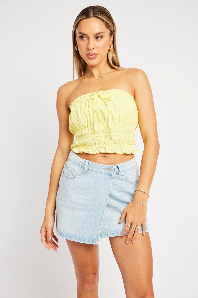 Yellow Gathered Crop Top Strapless for Ally Fashion