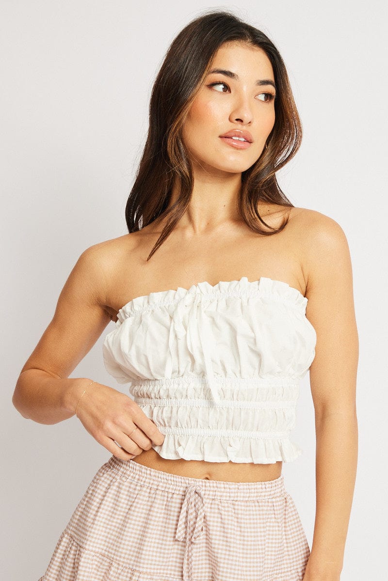 White Gathered Crop Top Strapless for Ally Fashion