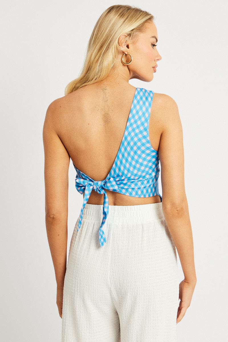 delayed-Blue Check Scarf Top One Shoulder for Ally Fashion