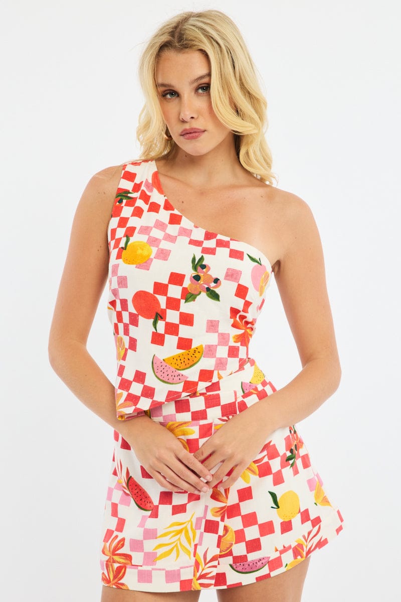 Multi Abstract Scarf Top One Shoulder Tie Back for Ally Fashion