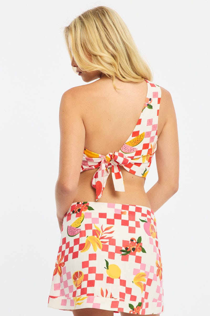 Multi Abstract Scarf Top One Shoulder Tie Back for Ally Fashion