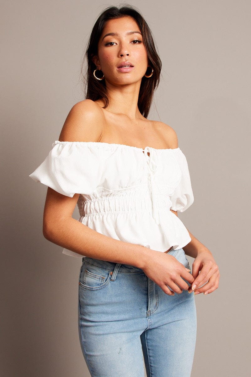 White Peplum Top Short Sleeve Ruched for Ally Fashion