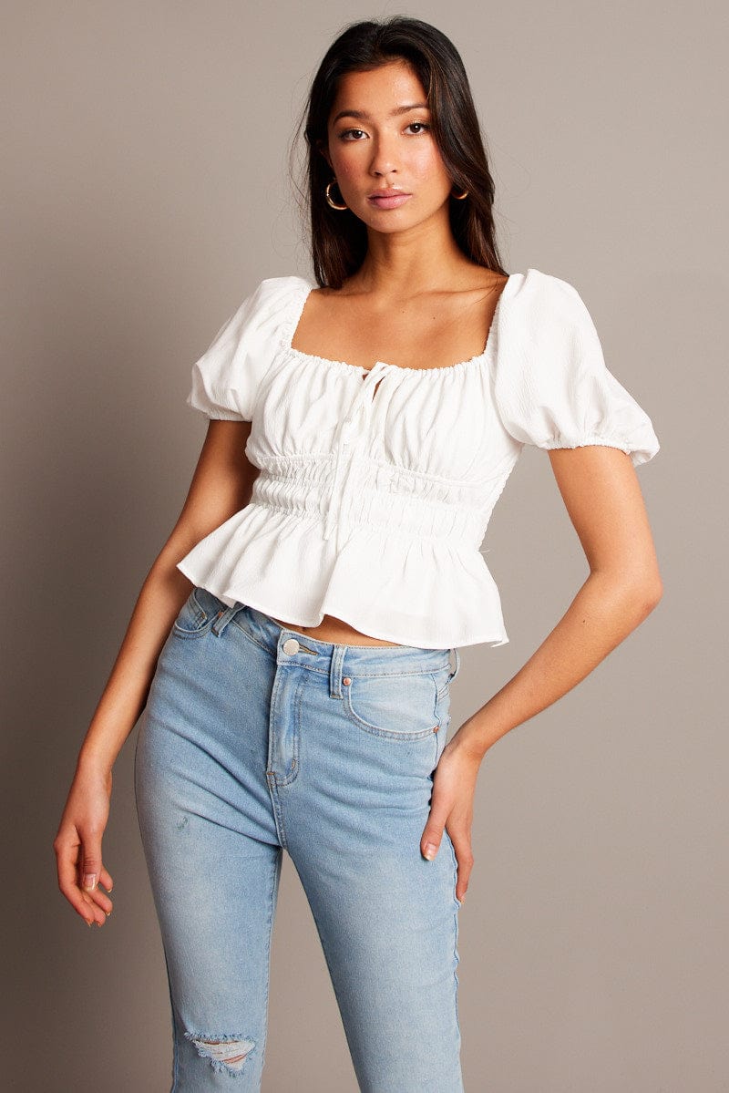 White Peplum Top Short Sleeve Ruched for Ally Fashion