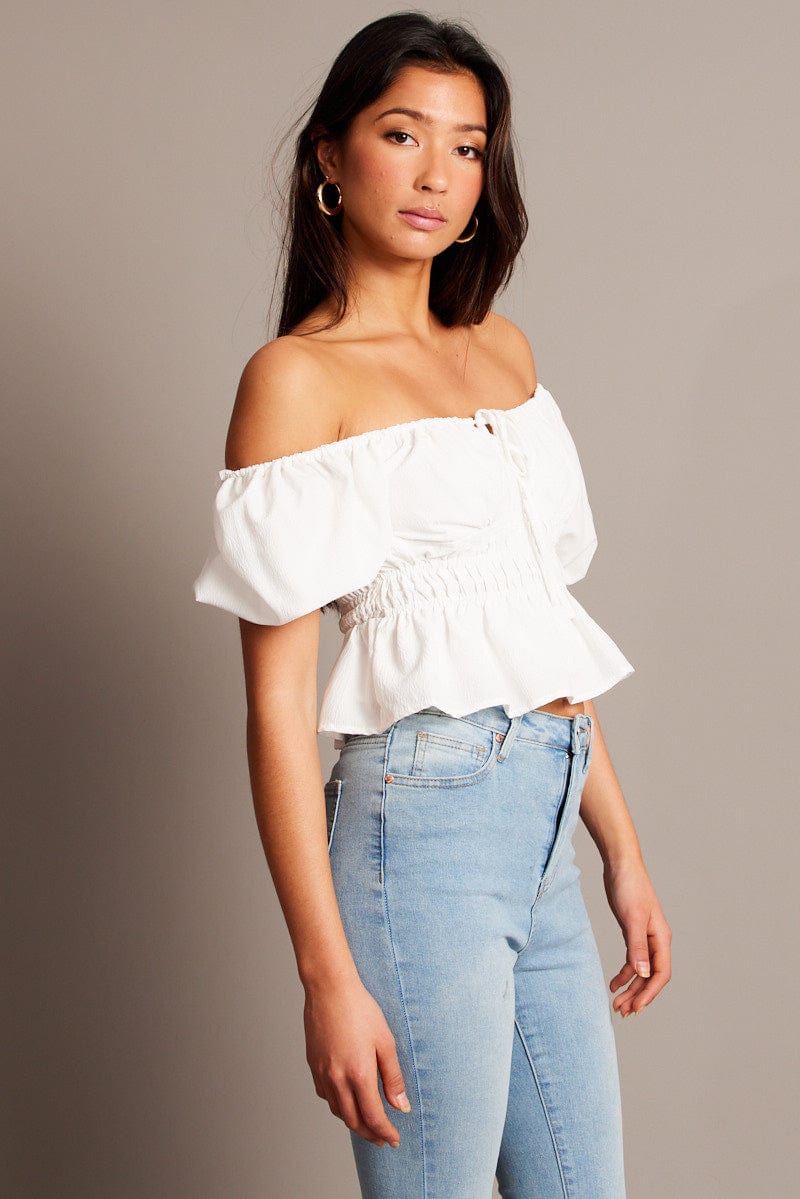 White Peplum Top Short Sleeve Ruched for Ally Fashion